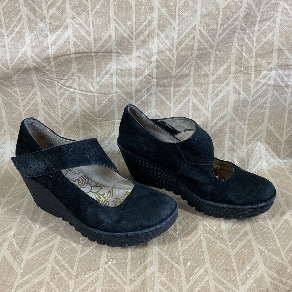 Fly London Womens 9 9.5 EU 40 Yaki Black Suede Mary Jane Wedge Comfort